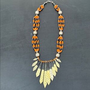 Elegant Orange/Black Beaded Necklace Silver Accents Native American Style